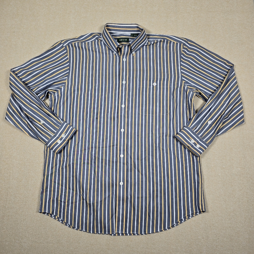 Orvis Wrinkle Free Button Down Shirt Mens Large Blue Yellow Stripe